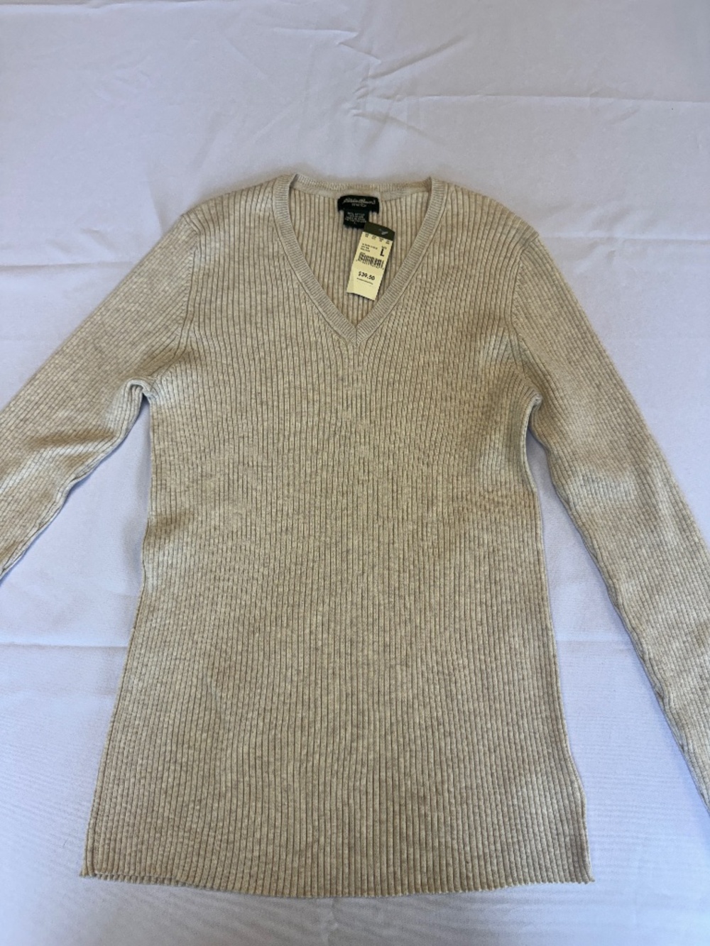 Eddie Bauer V-neck Ribbed Stretch Sweater Heather Oat Size L